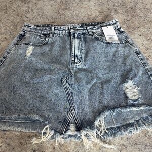 Madison The Label Light Blue Acid Wash Distressed Denim Mini Skirt